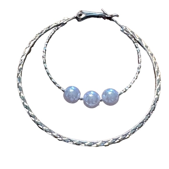 Silver Double Layered Hoop Earrings with Pearls - Picture 3 of 6